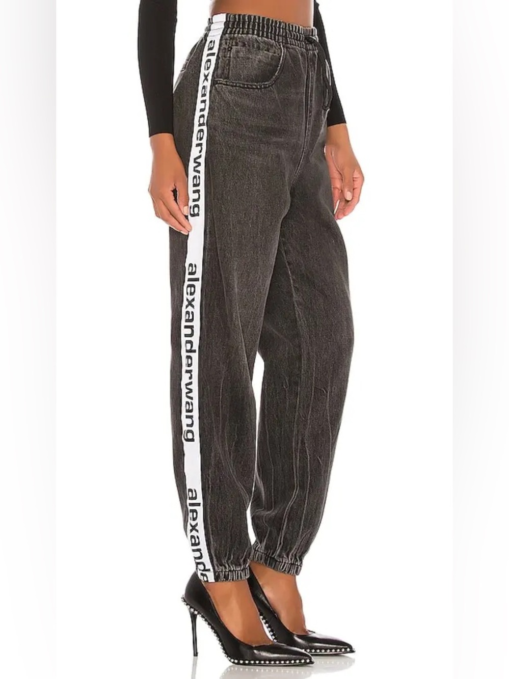 Alexander Wang Washed Black Denim Boyfriend Jeans with White Logo Tape